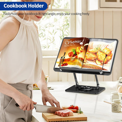 BS02 Book Stand for Reading, Adjustable Book Holder, Ergonomic Laptop Stand, Cookbook Stand, Recipe Book Holder with Elastic Page Clips for Music Scores, Recipe, Tablet