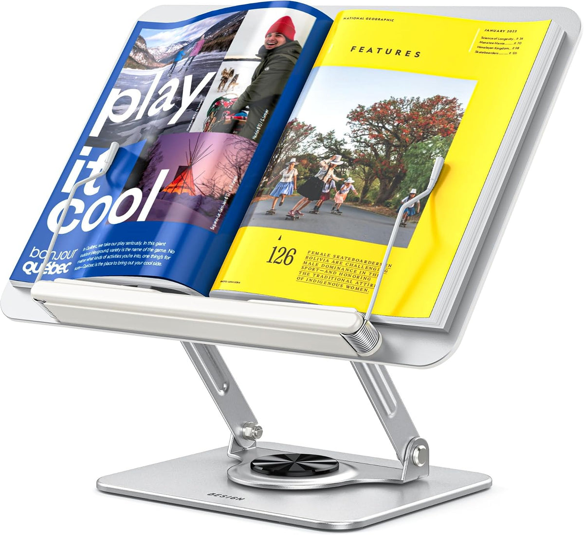 BS02 Book Stand for Reading, Adjustable Book Holder, Ergonomic Laptop Stand, Cookbook Stand, Recipe Book Holder with Elastic Page Clips for Music Scores, Recipe, Tablet