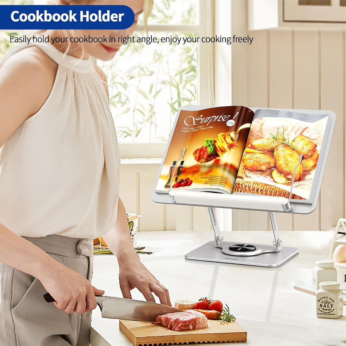 BS02 Book Stand for Reading, Adjustable Book Holder, Ergonomic Laptop Stand, Cookbook Stand, Recipe Book Holder with Elastic Page Clips for Music Scores, Recipe, Tablet