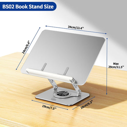 BS02 Book Stand for Reading, Adjustable Book Holder, Ergonomic Laptop Stand, Cookbook Stand, Recipe Book Holder with Elastic Page Clips for Music Scores, Recipe, Tablet