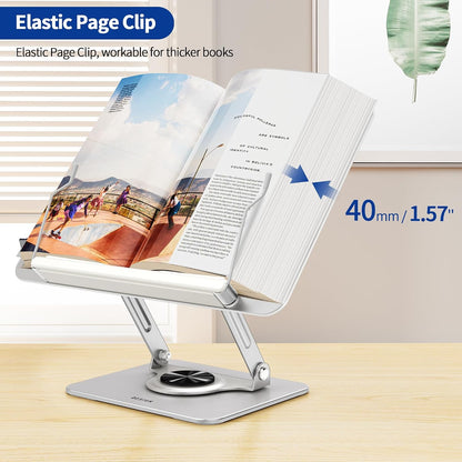 BS02 Book Stand for Reading, Adjustable Book Holder, Ergonomic Laptop Stand, Cookbook Stand, Recipe Book Holder with Elastic Page Clips for Music Scores, Recipe, Tablet