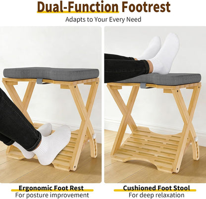 Double Step Foot Rest Under Desk at Work, Bamboo Foot Stool with 6 Adjustable Heights, Ergonomic Under Desk Footrest with Cushion for Home, Office & Gaming (Natural Color)