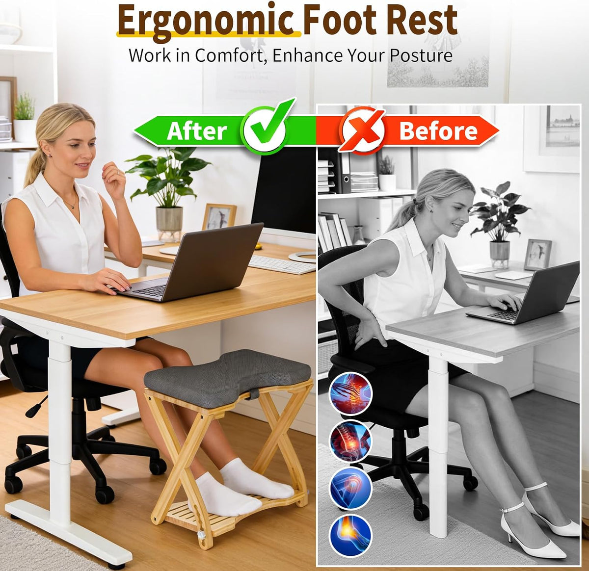 Double Step Foot Rest Under Desk at Work, Bamboo Foot Stool with 6 Adjustable Heights, Ergonomic Under Desk Footrest with Cushion for Home, Office & Gaming (Natural Color)
