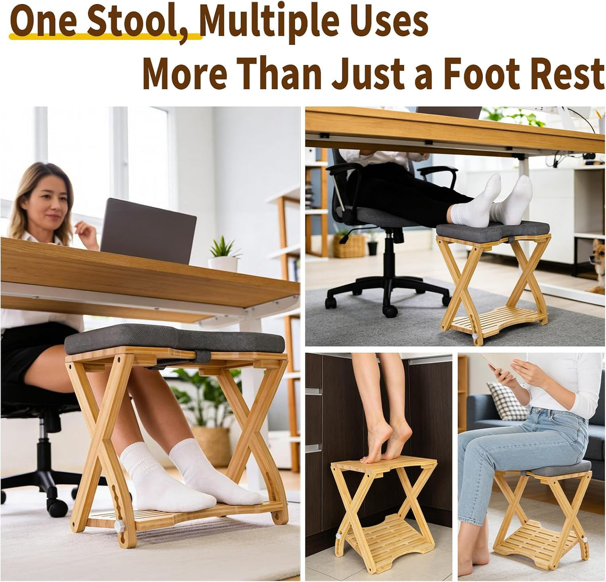 Double Step Foot Rest Under Desk at Work, Bamboo Foot Stool with 6 Adjustable Heights, Ergonomic Under Desk Footrest with Cushion for Home, Office & Gaming (Natural Color)