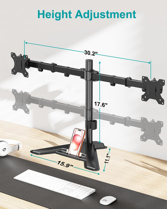 Dual Monitor Stand, Free-Standing Full Motion Monitor Desk Mount Fits 2 Screens up to 27 inches,17.6lbs with Height Adjustable, Swivel, Tilt, Rotation, VESA 75x75 100x100, Black