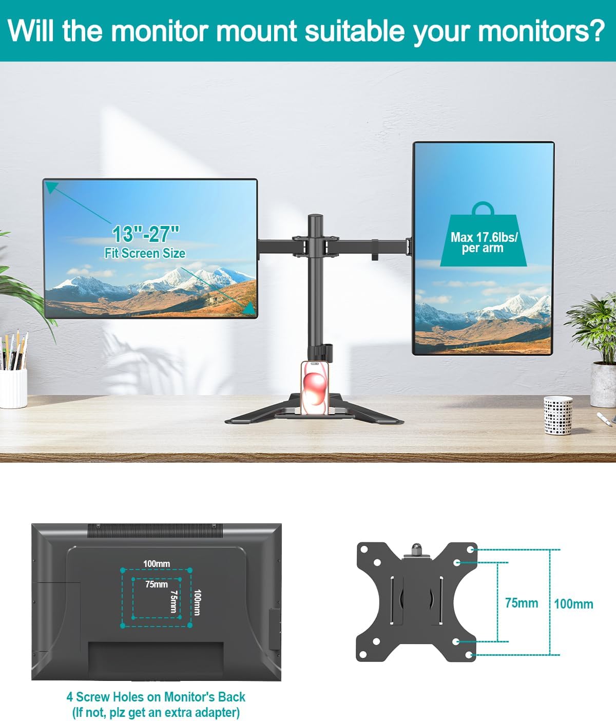 Dual Monitor Stand, Free-Standing Full Motion Monitor Desk Mount Fits 2 Screens up to 27 inches,17.6lbs with Height Adjustable, Swivel, Tilt, Rotation, VESA 75x75 100x100, Black
