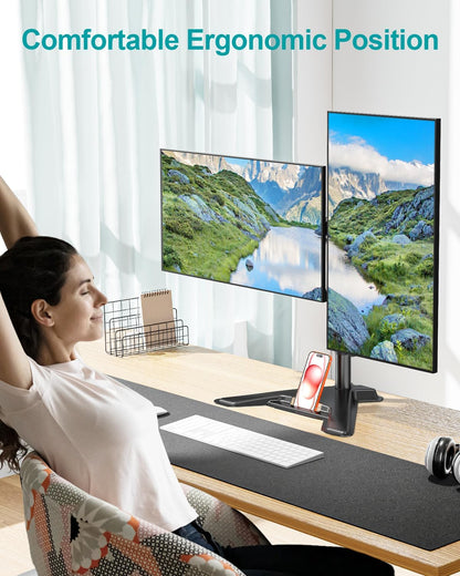 Dual Monitor Stand, Free-Standing Full Motion Monitor Desk Mount Fits 2 Screens up to 27 inches,17.6lbs with Height Adjustable, Swivel, Tilt, Rotation, VESA 75x75 100x100, Black