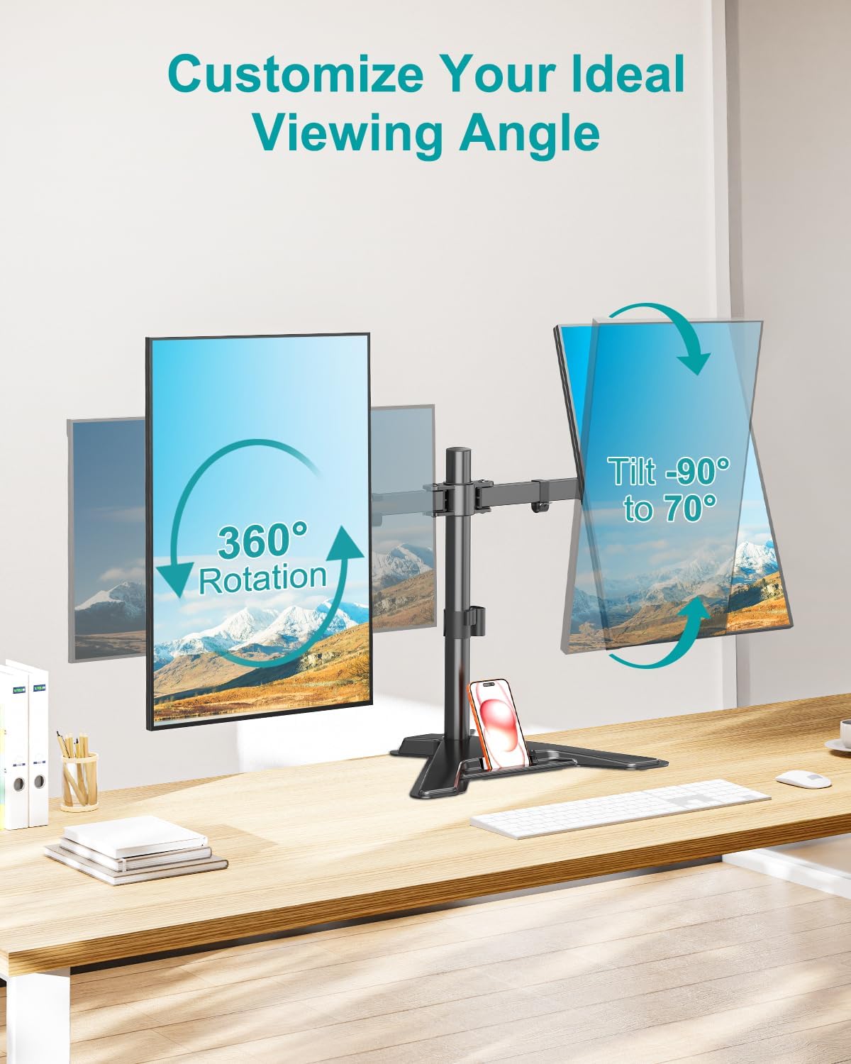 Dual Monitor Stand, Free-Standing Full Motion Monitor Desk Mount Fits 2 Screens up to 27 inches,17.6lbs with Height Adjustable, Swivel, Tilt, Rotation, VESA 75x75 100x100, Black