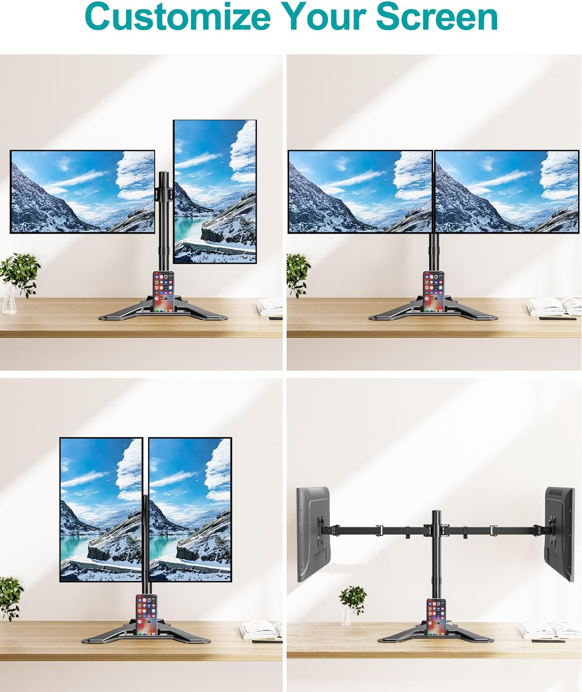 Dual Monitor Stand, Free-Standing Full Motion Monitor Desk Mount Fits 2 Screens up to 27 inches,17.6lbs with Height Adjustable, Swivel, Tilt, Rotation, VESA 75x75 100x100, Black