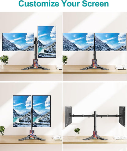 Dual Monitor Stand, Free-Standing Full Motion Monitor Desk Mount Fits 2 Screens up to 27 inches,17.6lbs with Height Adjustable, Swivel, Tilt, Rotation, VESA 75x75 100x100, Black