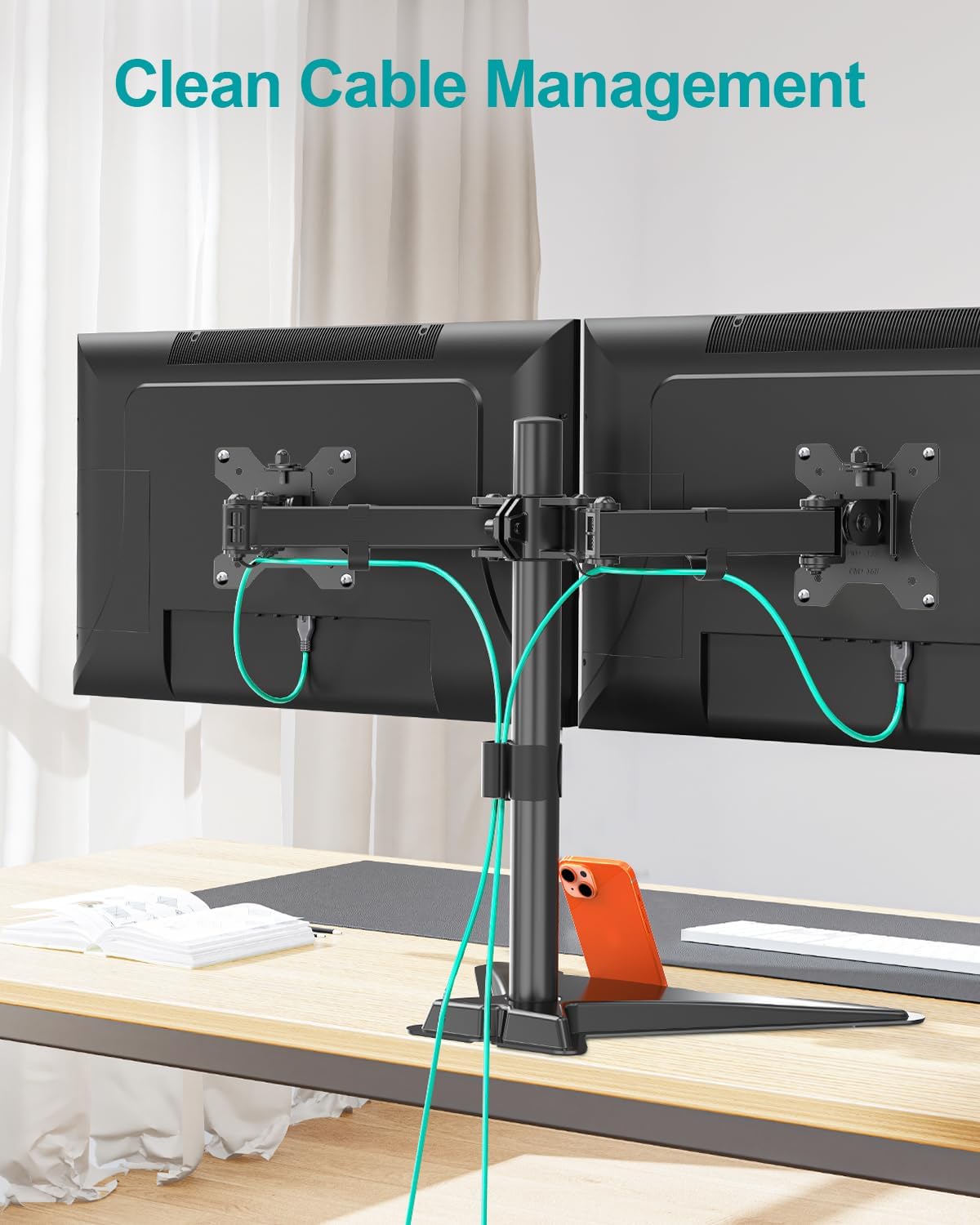 Dual Monitor Stand, Free-Standing Full Motion Monitor Desk Mount Fits 2 Screens up to 27 inches,17.6lbs with Height Adjustable, Swivel, Tilt, Rotation, VESA 75x75 100x100, Black
