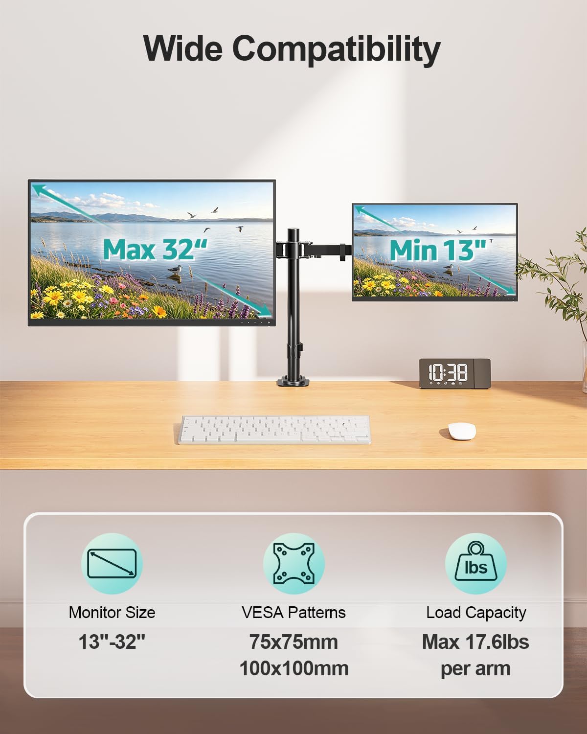 Dual Monitor Stand, Free-Standing Full Motion Monitor Desk Mount Fits 2 Screens up to 27 inches,17.6lbs with Height Adjustable, Swivel, Tilt, Rotation, VESA 75x75 100x100, Black