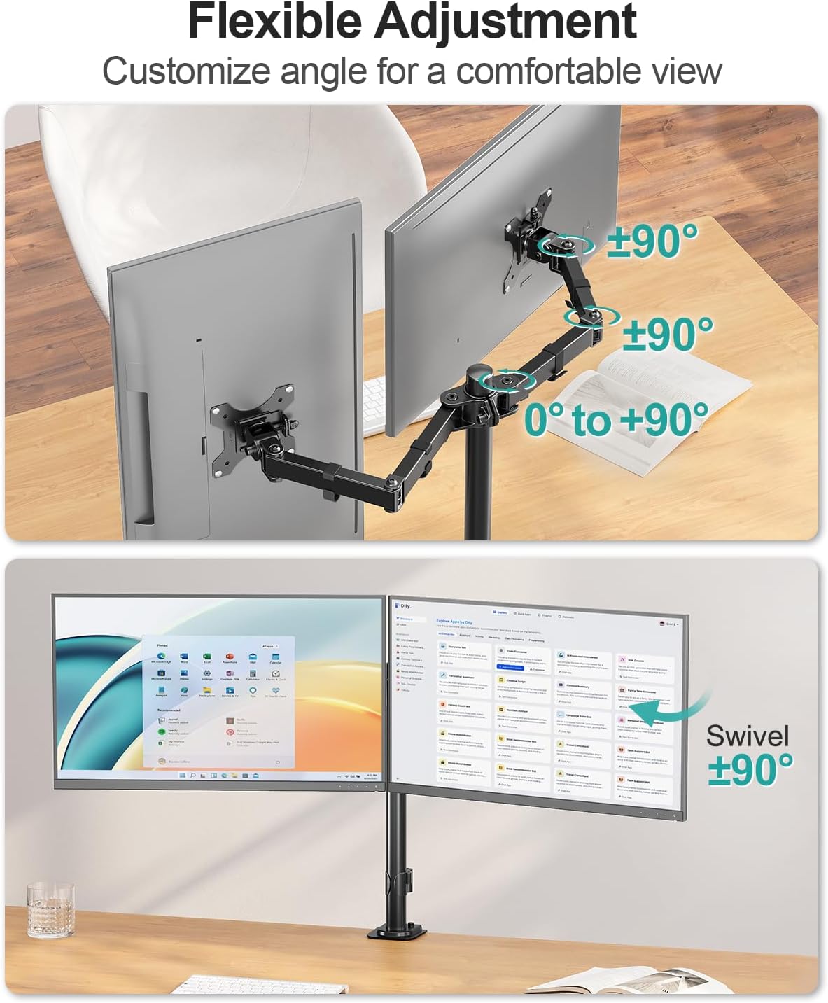 Dual Monitor Stand, Free-Standing Full Motion Monitor Desk Mount Fits 2 Screens up to 27 inches,17.6lbs with Height Adjustable, Swivel, Tilt, Rotation, VESA 75x75 100x100, Black