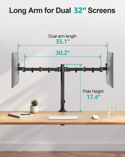 Dual Monitor Stand, Free-Standing Full Motion Monitor Desk Mount Fits 2 Screens up to 27 inches,17.6lbs with Height Adjustable, Swivel, Tilt, Rotation, VESA 75x75 100x100, Black