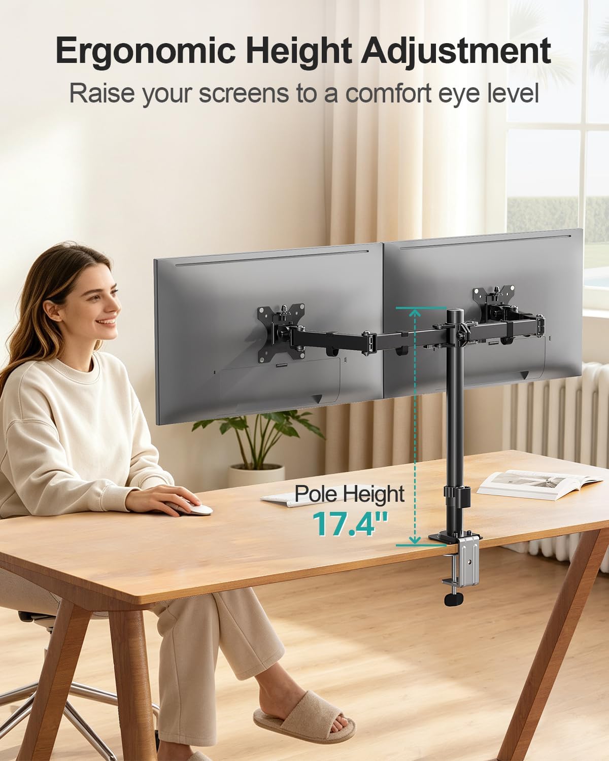 Dual Monitor Stand, Free-Standing Full Motion Monitor Desk Mount Fits 2 Screens up to 27 inches,17.6lbs with Height Adjustable, Swivel, Tilt, Rotation, VESA 75x75 100x100, Black