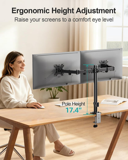 Dual Monitor Stand, Free-Standing Full Motion Monitor Desk Mount Fits 2 Screens up to 27 inches,17.6lbs with Height Adjustable, Swivel, Tilt, Rotation, VESA 75x75 100x100, Black