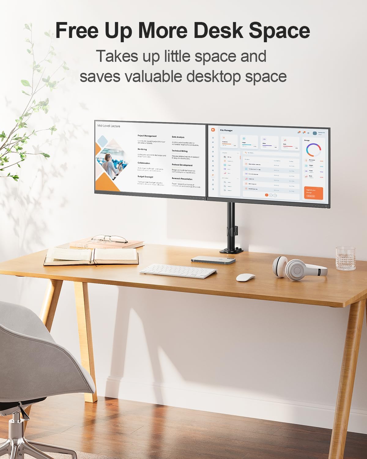 Dual Monitor Stand, Free-Standing Full Motion Monitor Desk Mount Fits 2 Screens up to 27 inches,17.6lbs with Height Adjustable, Swivel, Tilt, Rotation, VESA 75x75 100x100, Black