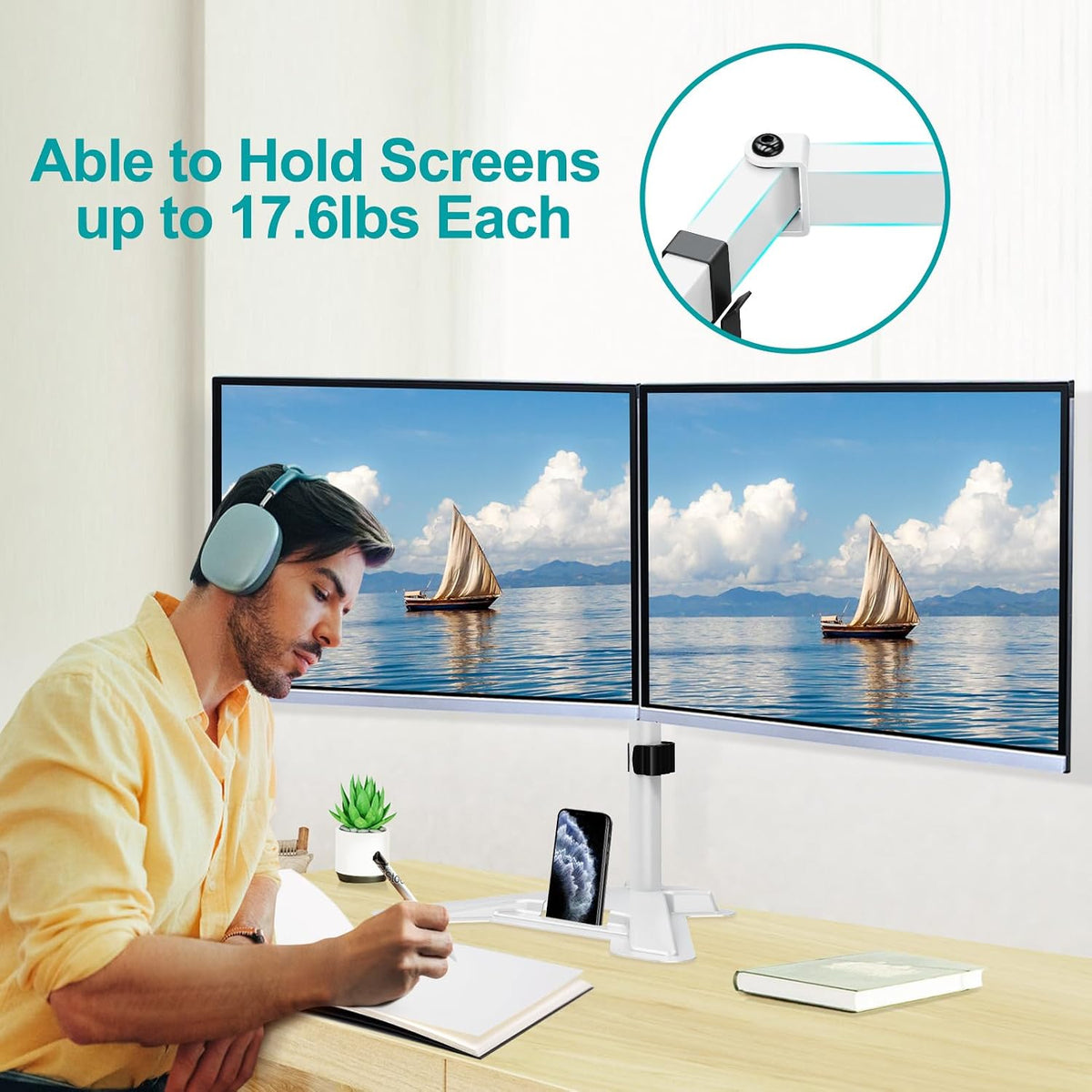 Dual Monitor Stand, Free-Standing Full Motion Monitor Desk Mount Fits 2 Screens up to 27 inches,17.6lbs with Height Adjustable, Swivel, Tilt, Rotation, VESA 75x75 100x100, Black