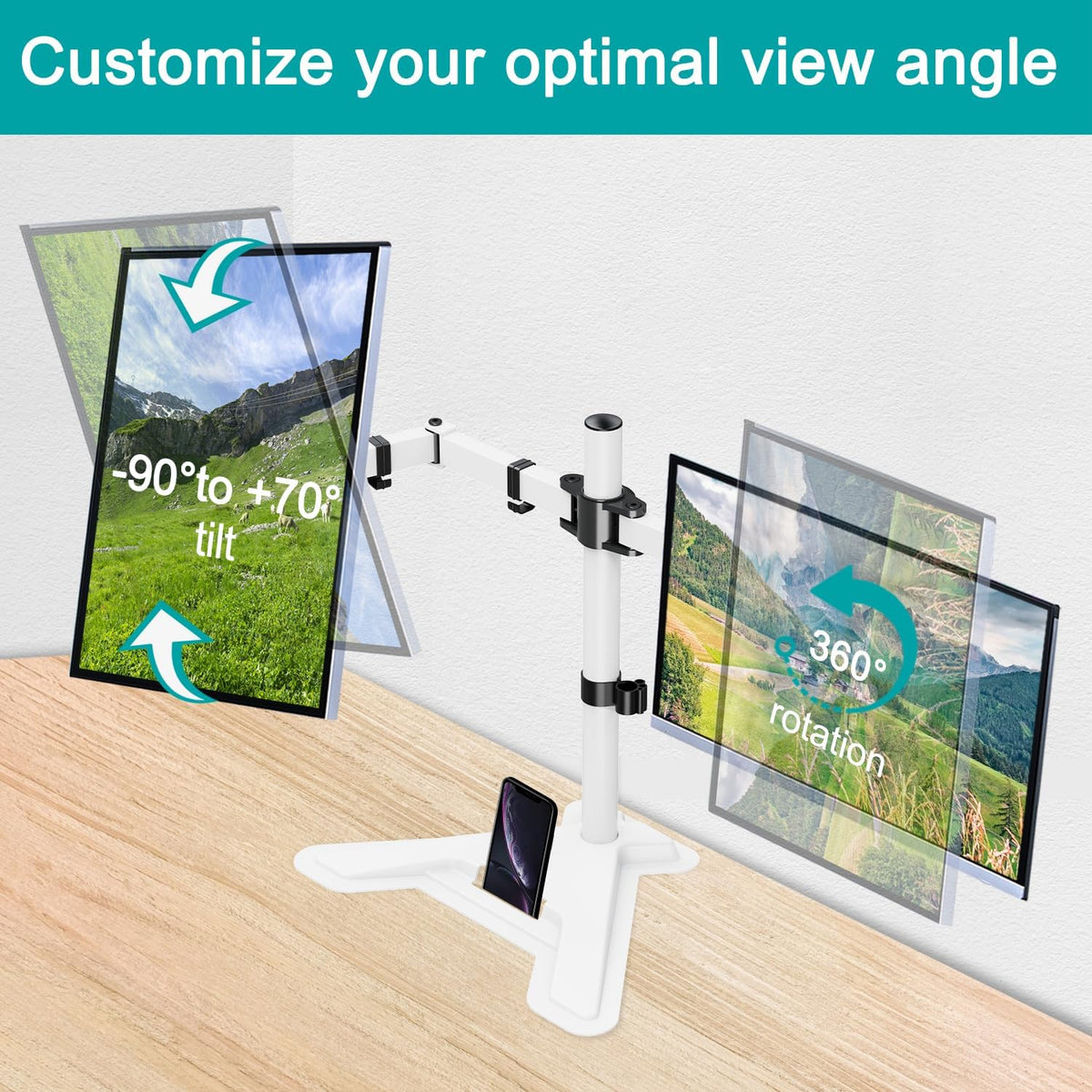 Dual Monitor Stand, Free-Standing Full Motion Monitor Desk Mount Fits 2 Screens up to 27 inches,17.6lbs with Height Adjustable, Swivel, Tilt, Rotation, VESA 75x75 100x100, Black
