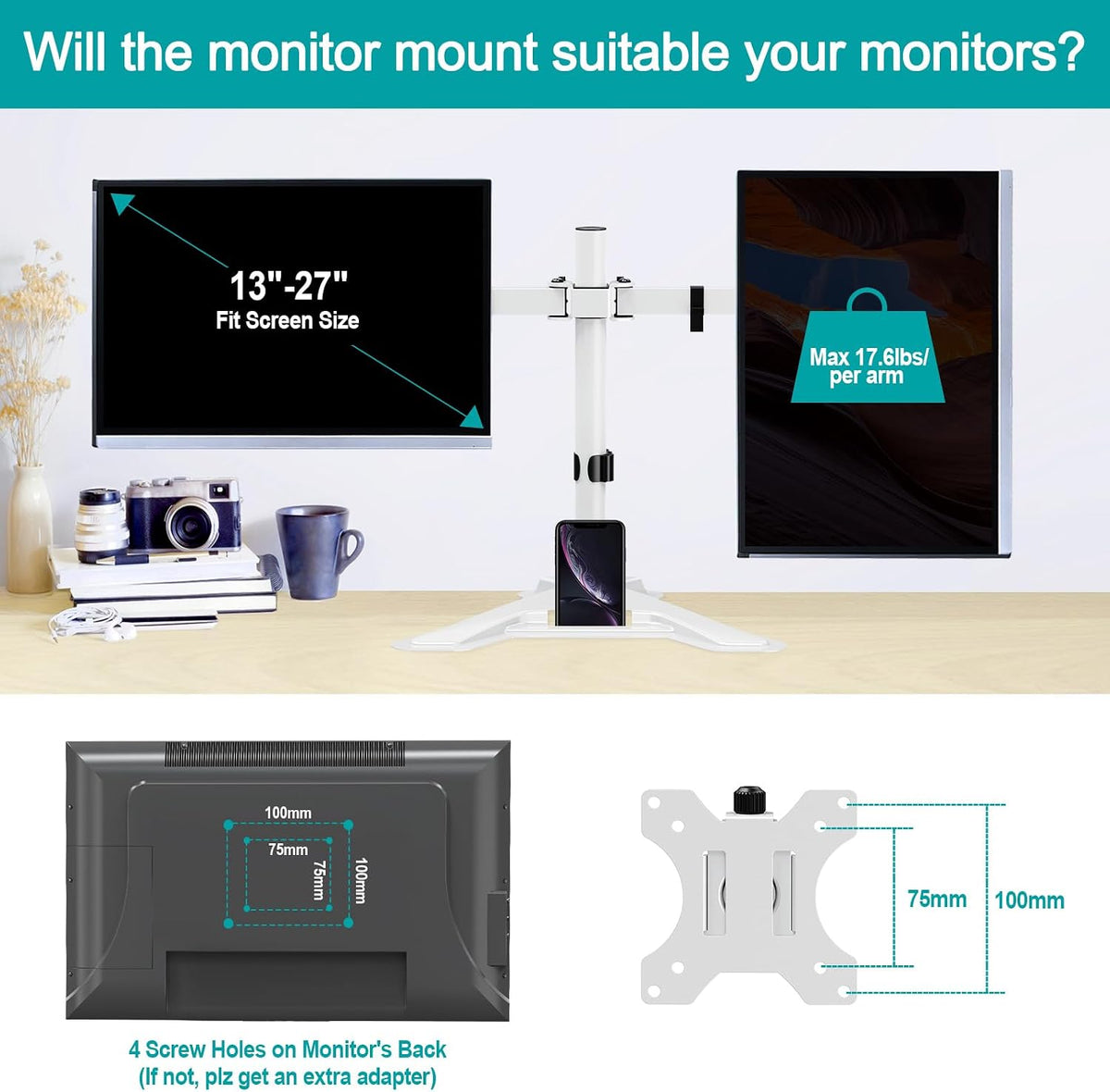 Dual Monitor Stand, Free-Standing Full Motion Monitor Desk Mount Fits 2 Screens up to 27 inches,17.6lbs with Height Adjustable, Swivel, Tilt, Rotation, VESA 75x75 100x100, Black