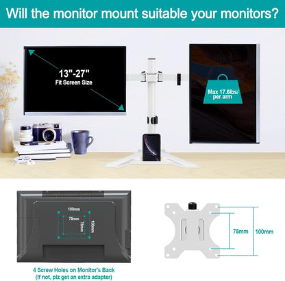 Dual Monitor Stand, Free-Standing Full Motion Monitor Desk Mount Fits 2 Screens up to 27 inches,17.6lbs with Height Adjustable, Swivel, Tilt, Rotation, VESA 75x75 100x100, Black