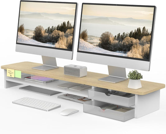 Monitor Stand, Desk Computer Riser with Frosted Storage Drawer, Oak