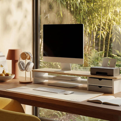 Monitor Stand, Desk Computer Riser with Frosted Storage Drawer, Oak