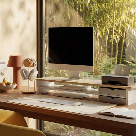 Monitor Stand, Desk Computer Riser with Frosted Storage Drawer, Oak