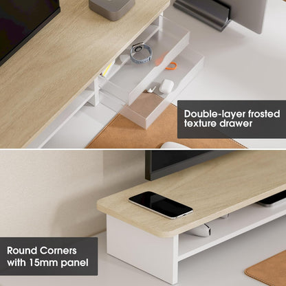 Monitor Stand, Desk Computer Riser with Frosted Storage Drawer, Oak