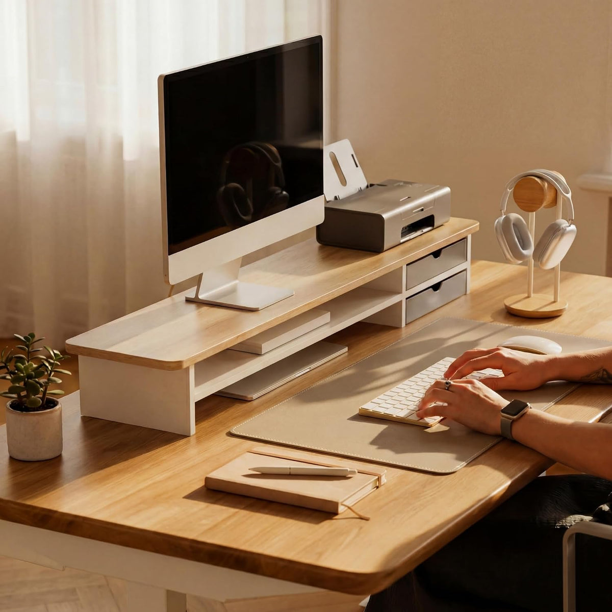 Monitor Stand, Desk Computer Riser with Frosted Storage Drawer, Oak