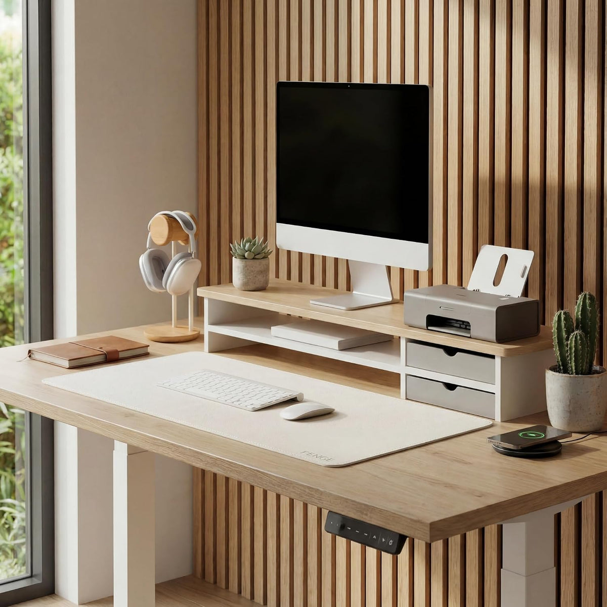 Monitor Stand, Desk Computer Riser with Frosted Storage Drawer, Oak