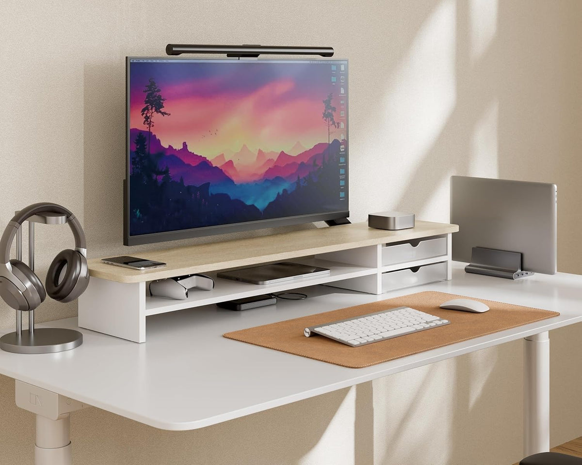 Monitor Stand, Desk Computer Riser with Frosted Storage Drawer, Oak