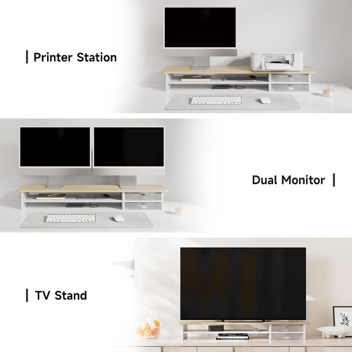 Monitor Stand, Desk Computer Riser with Frosted Storage Drawer, Oak