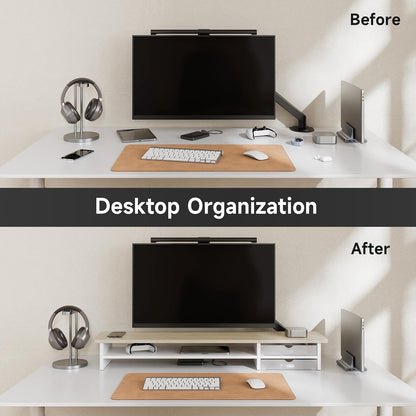 Monitor Stand, Desk Computer Riser with Frosted Storage Drawer, Oak