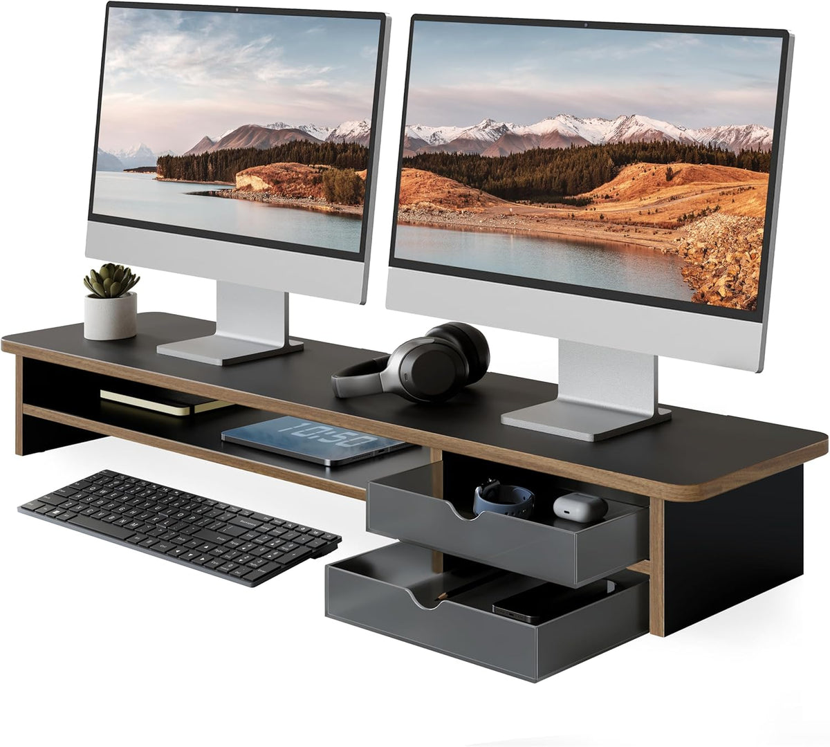 Monitor Stand, Desk Computer Riser with Frosted Storage Drawer, Oak