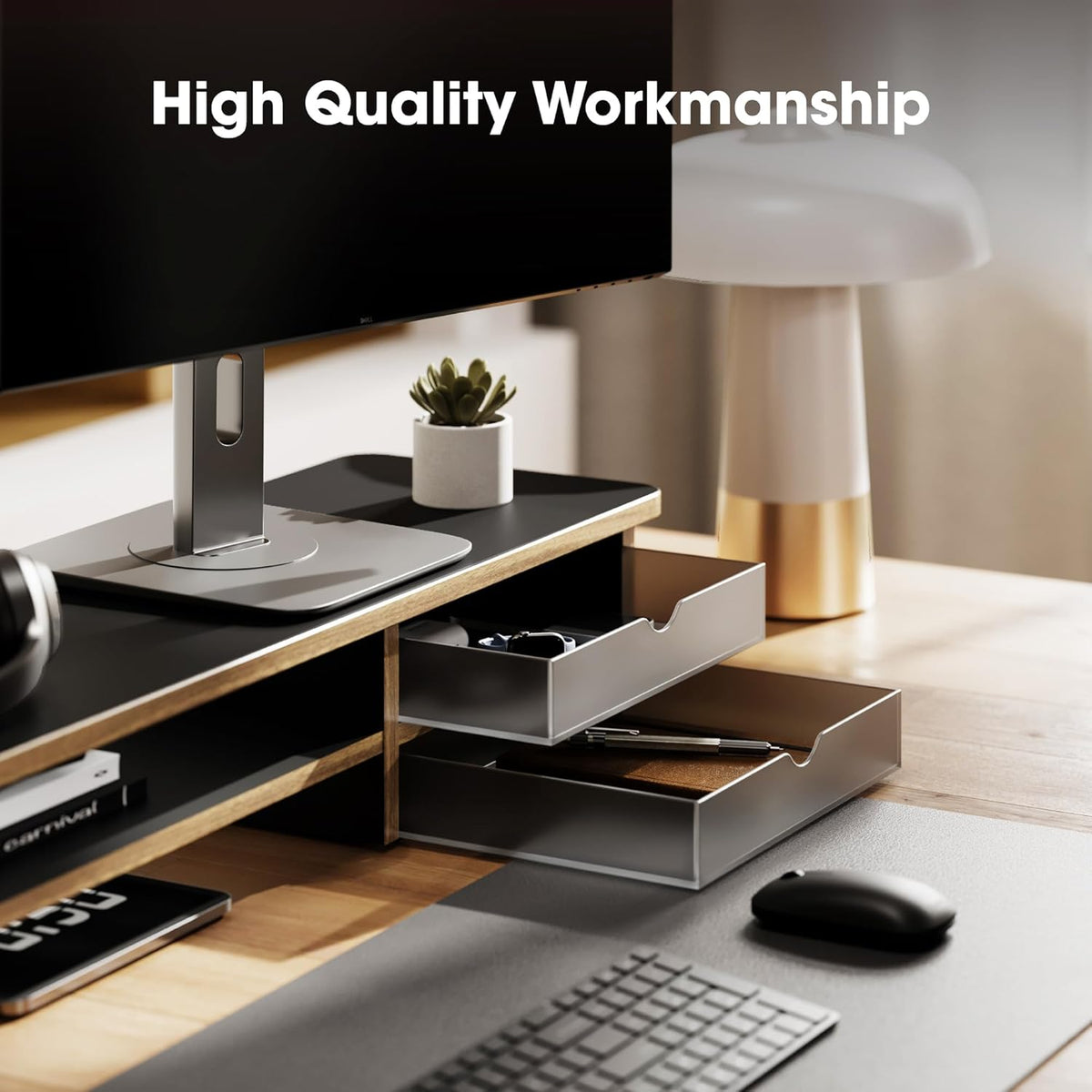 Monitor Stand, Desk Computer Riser with Frosted Storage Drawer, Oak