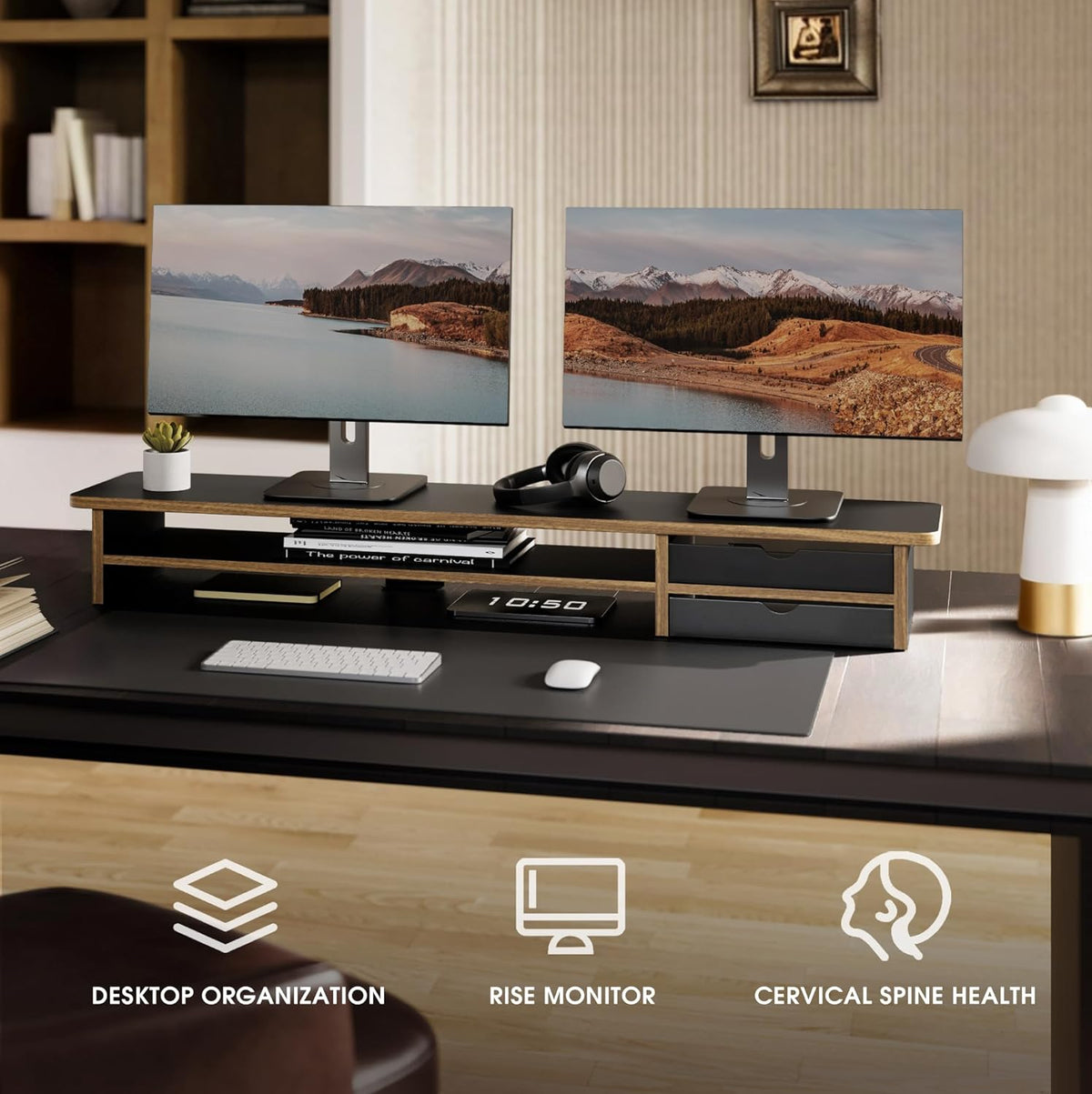 Monitor Stand, Desk Computer Riser with Frosted Storage Drawer, Oak
