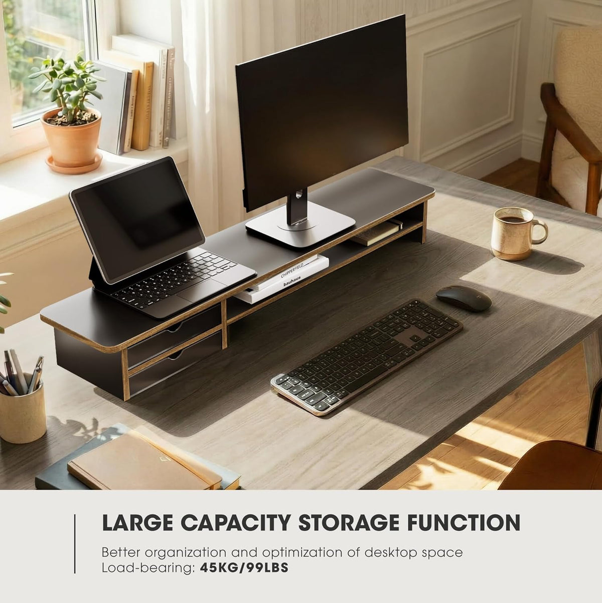 Monitor Stand, Desk Computer Riser with Frosted Storage Drawer, Oak