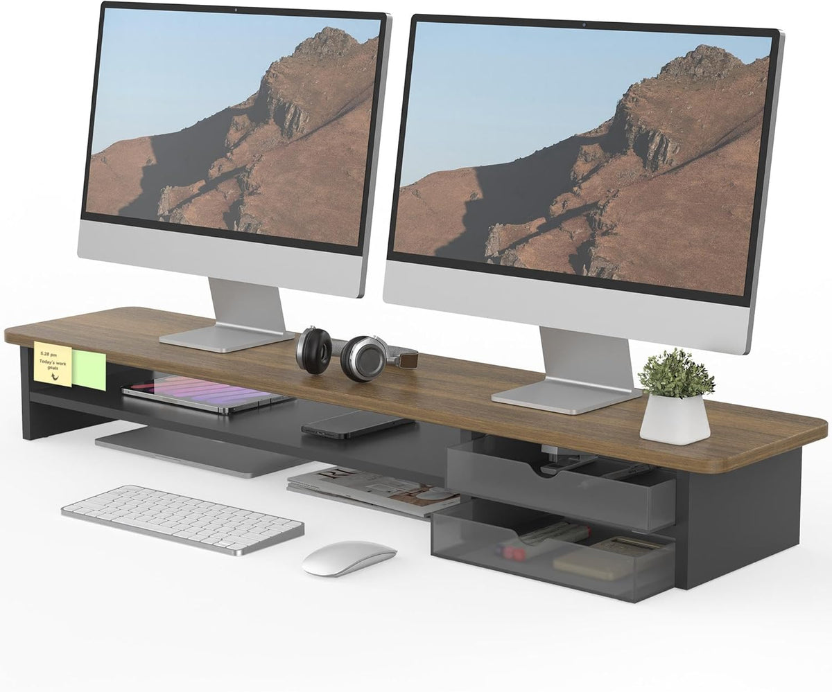 Monitor Stand, Desk Computer Riser with Frosted Storage Drawer, Oak