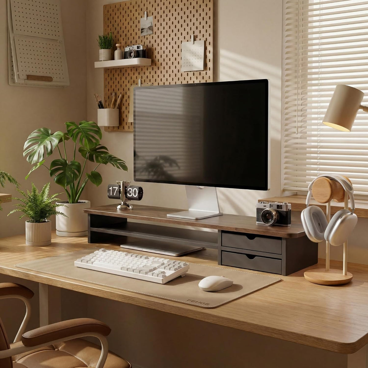 Monitor Stand, Desk Computer Riser with Frosted Storage Drawer, Oak