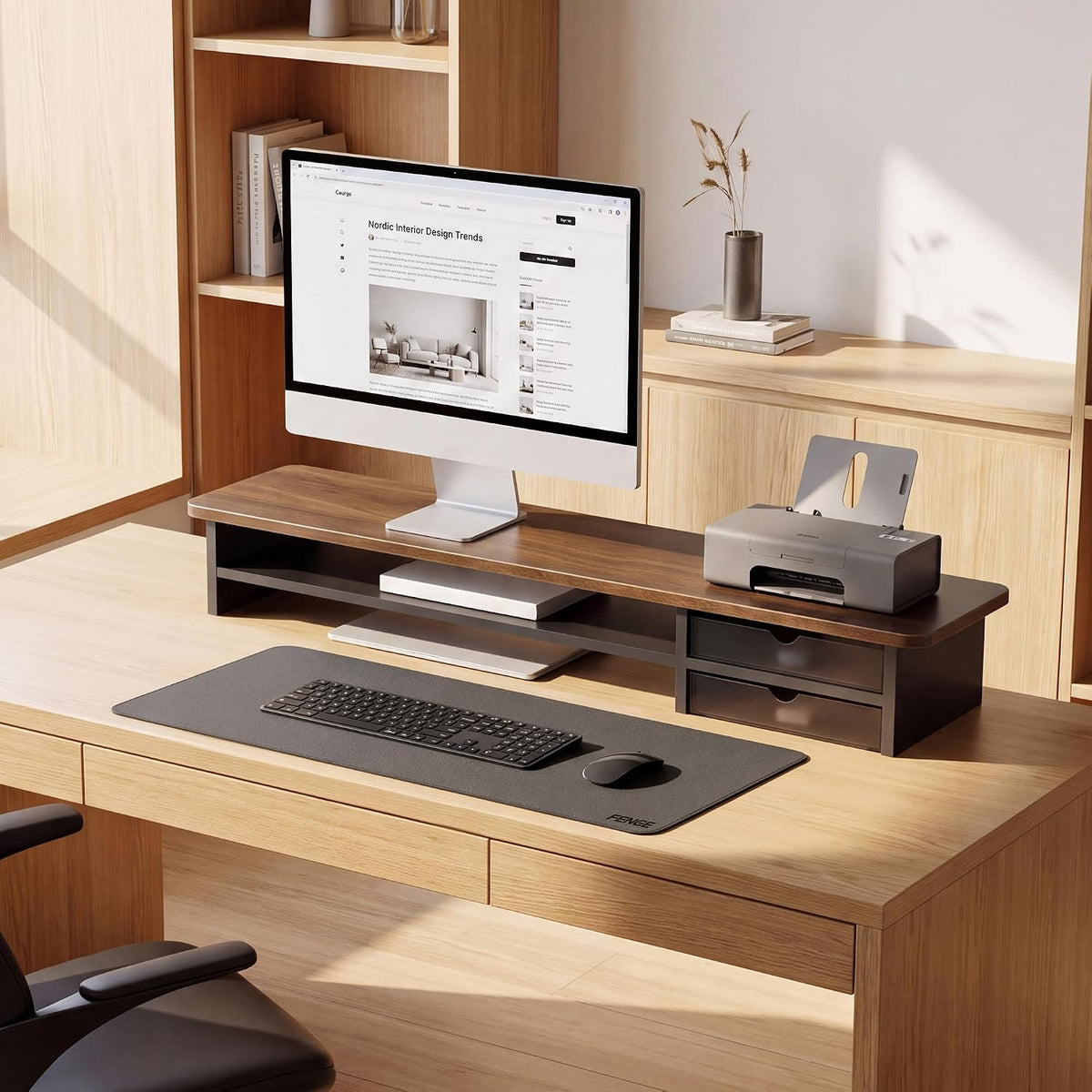 Monitor Stand, Desk Computer Riser with Frosted Storage Drawer, Oak