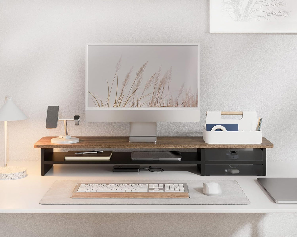 Monitor Stand, Desk Computer Riser with Frosted Storage Drawer, Oak