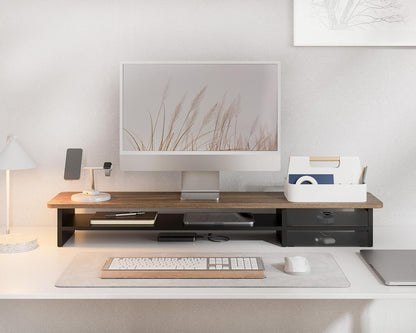 Monitor Stand, Desk Computer Riser with Frosted Storage Drawer, Oak
