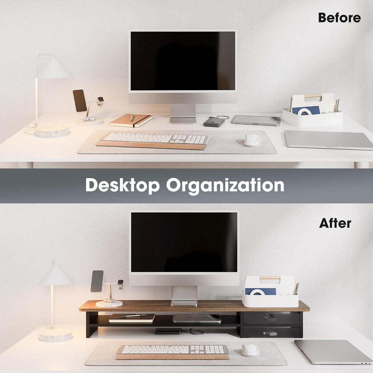 Monitor Stand, Desk Computer Riser with Frosted Storage Drawer, Oak