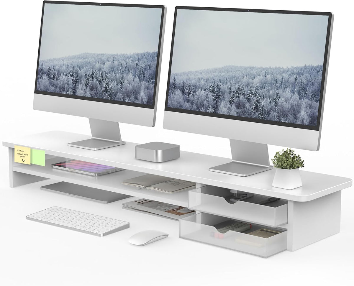 Monitor Stand, Desk Computer Riser with Frosted Storage Drawer, Oak