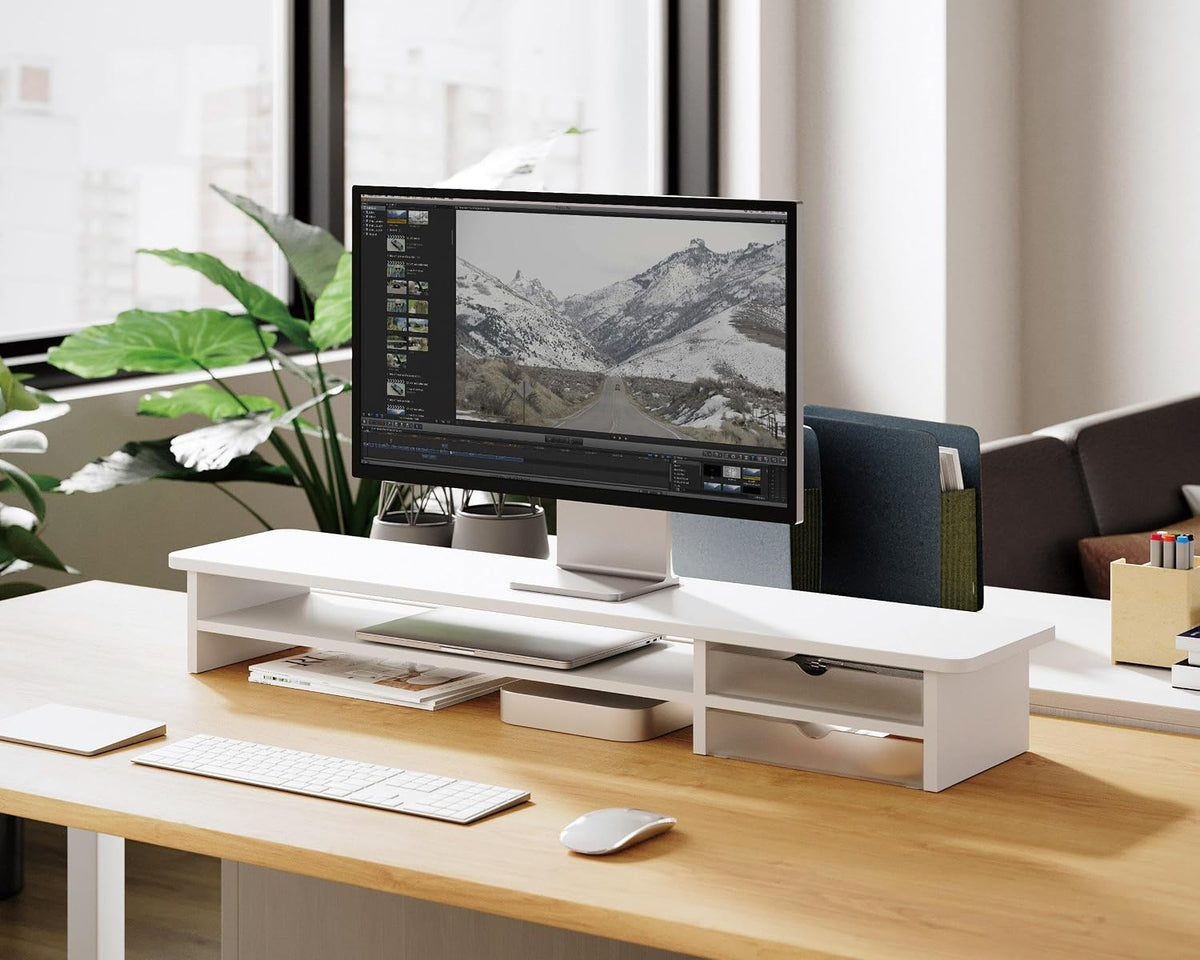 Monitor Stand, Desk Computer Riser with Frosted Storage Drawer, Oak