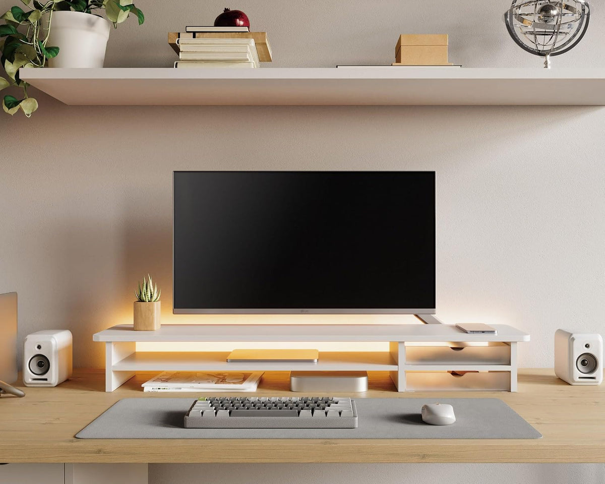 Monitor Stand, Desk Computer Riser with Frosted Storage Drawer, Oak