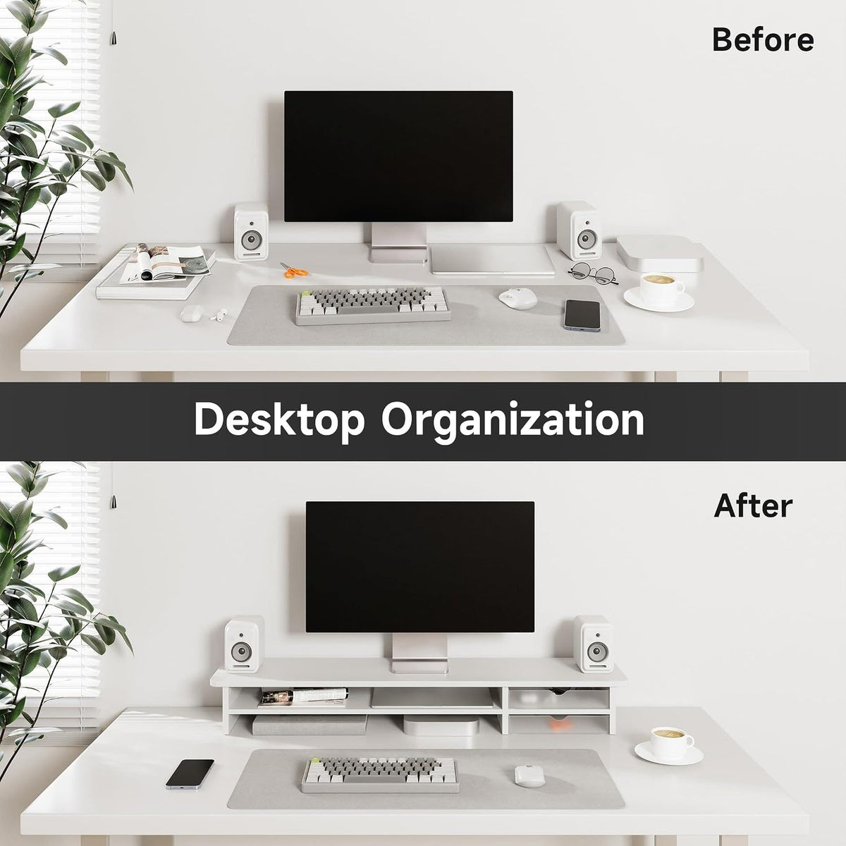 Monitor Stand, Desk Computer Riser with Frosted Storage Drawer, Oak