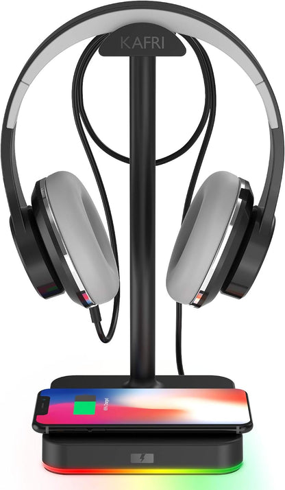 RGB Headphone Stand with Wireless Charger Desk Gaming Headset Holder Hanger Rack with 10W/7.5W Fast Charge QI Wireless Charging Pad - Suitable for Gamer Desktop Table Game Earphone Accessories