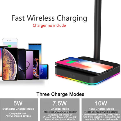 RGB Headphone Stand with Wireless Charger Desk Gaming Headset Holder Hanger Rack with 10W/7.5W Fast Charge QI Wireless Charging Pad - Suitable for Gamer Desktop Table Game Earphone Accessories